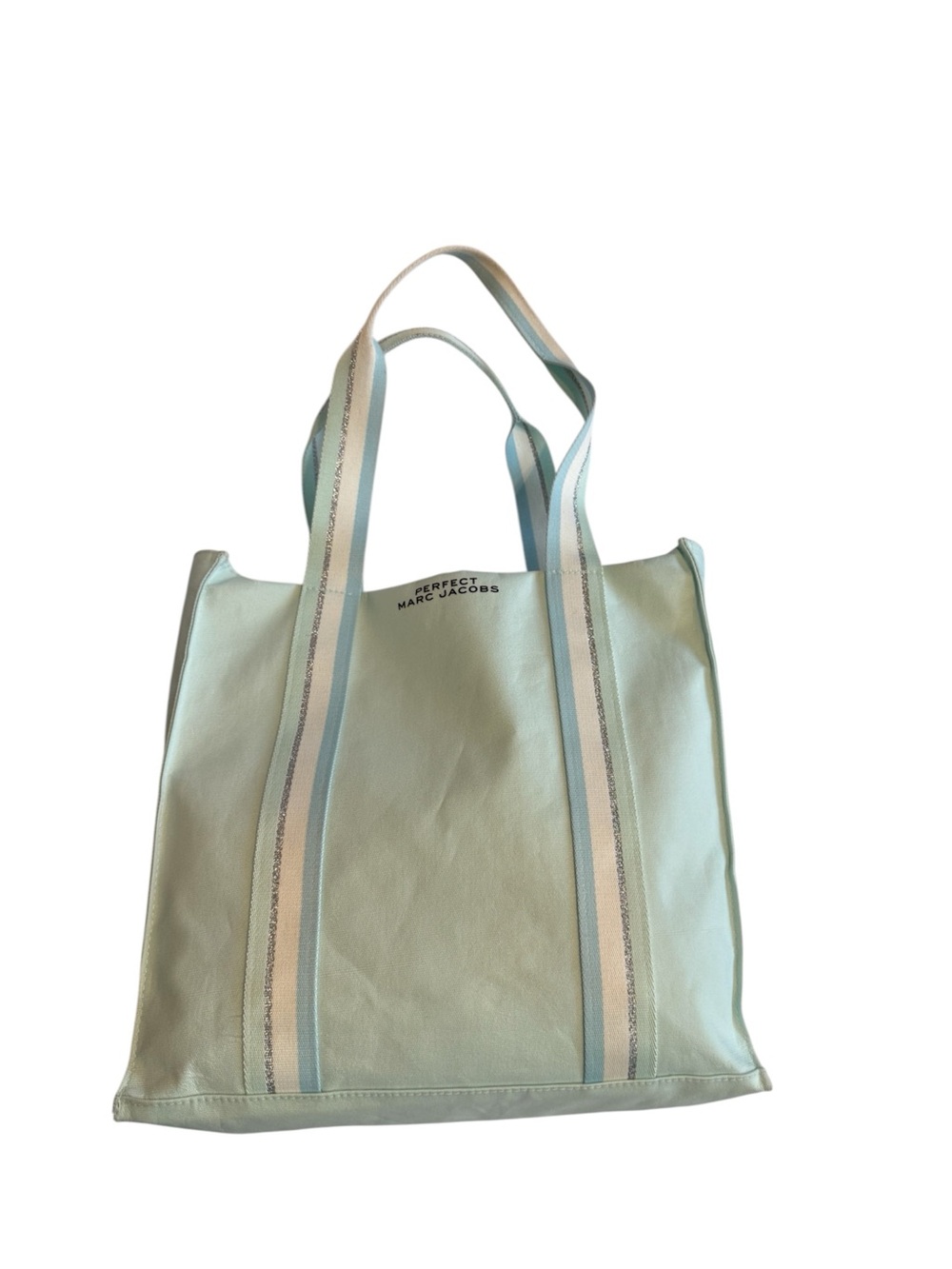 Perfect Marc Jacobs Mint Canvas Tote Striped Handles Large Carryall Beach Bag - Picture 5 of 11